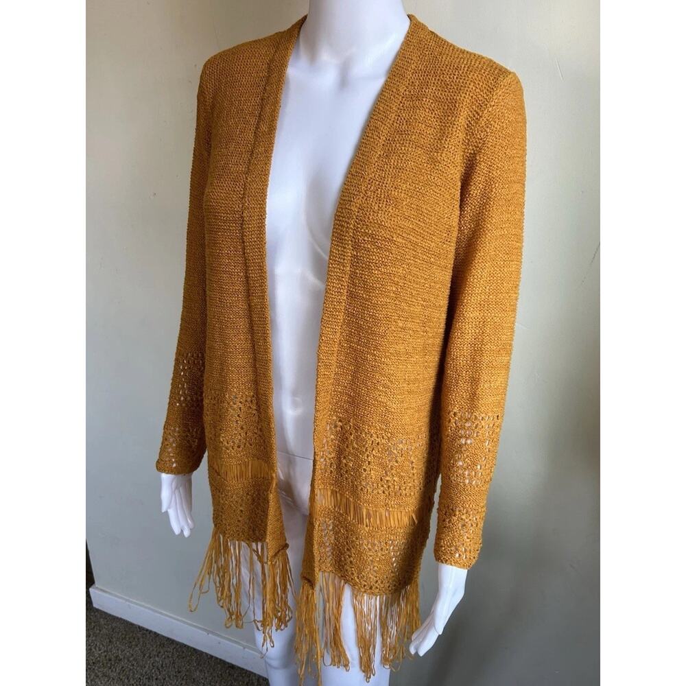 Michael Kors Mustard Fringe Cardigan Open Knit Boho Lightweight Women M